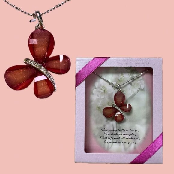 NIB Y2K Butterfly Rhinestone Necklace – Pink Pendant on Silver Chain - Picture 1 of 6